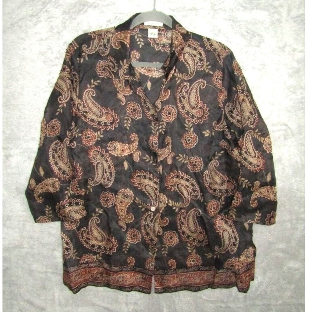 Laura Ashley L 100%‎ Silk Beaded Paisley Blouse Brown Black Boho Vintage Style